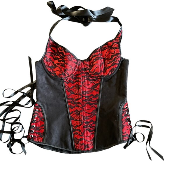 Black & Red Corset Top With Lace-Up Design & Halter Straps Size XXL - Picture 2 of 4